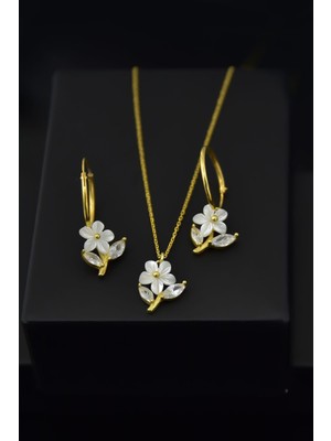Papatya Silver 925 Ayar Gümüş Altın Kaplama Manolya Çiçeği Sedef Kolye Küpe Set Takım Sedef