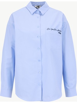 Jeep Loose Fit Gömlek Yaka Nakışlı Mavi Kadın Gömlek J6SL-GML7031