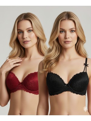 Pierre Cardin 6813 2'li Ekonomik Paket Milan Destekli - Push Up Bordo-Siyah Dantelli Sütyen Set