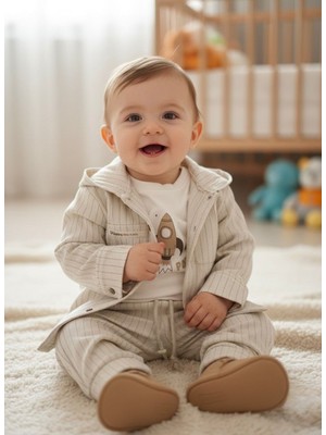 Butik Erkek Bebek Keten Müslin 3'lü Alt - Üst Takım