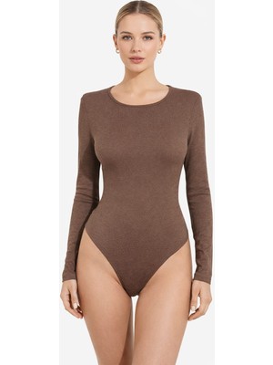 Eva Clothing Kadın Kahverengi Uzun Kol Bisiklet Yaka Bodysuit