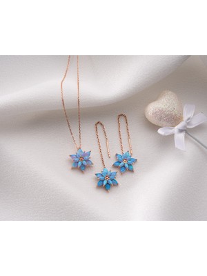 Papatya Silver 925 Ayar Turkuaz Opal Küpe Kolye Set Opal Takım Manolya Set.rose.gold.rodaj Opal