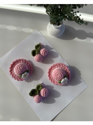 Livadesign7 Saç Tokası Özel Şapka ve Kiraz Tasarımı Handmade 4'lü Çıt Çıt Toka Seti