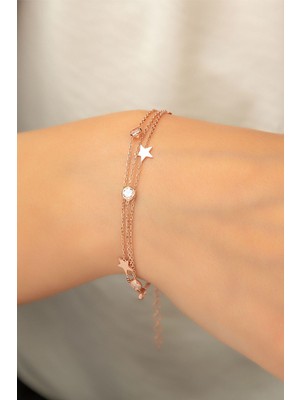 Papatya Silver 925 Ayar Rose Altın Kaplama Zirkon Taşlı Yıldız Gümüş Bileklik Yıldız