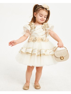 Baby Hola Kız Çocuk Abiye Elbise Balo&Özel Gün Balon Kol Çiçek Detaylı Çanta ve Taç Hediyeli Babyhola