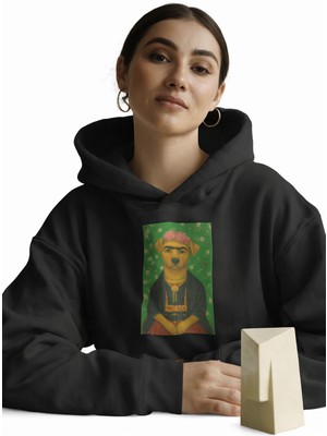 Muhtar Store Frida Kahlo Esintili Köpek Baskılı Siyah Hoodie – 3 Iplik Şardonlu Unisex Kapüşonlu Sweatshirt