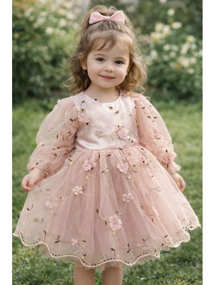 Bes Trend Kız Çocuk Bayramlık Elbise Mevsimlik Pamuklu 3D Boyutlu Gül Detaylı Tüllü Astarlı 1-5 Yaş Aralığı