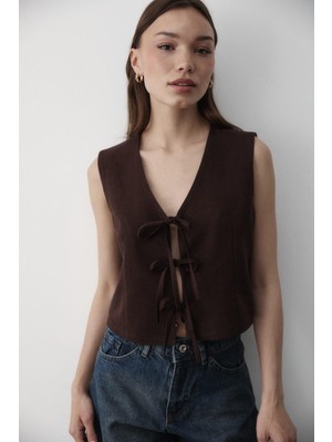 Jaste Kadın Bağlamalı Keten Yelek KAHVERENGİ
