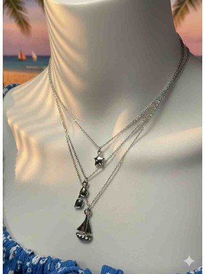 Uno Di Famiglia 3 Lü Charm Kolye Seti , Yıldız Figürlü Kolye , Gözlük Figürlü Kolye , Gemi Figürlü Kolye