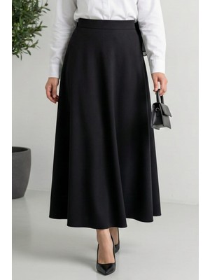 Kadın Scuba Kumaş Siyah Kloş Etek