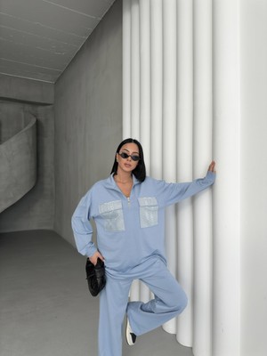 Indigo Kadın Oversize Yarım Fermuar Kapamalı Cep Üzeri Taşlı Bol Paça Pamuklu Örme Alt Üst Takım