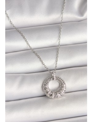 Shopwave 316L Çelik Gümüş Renk Zincir Zirkon Taş Işlemeli Daire Model Kadın Kolye - TJ-BKO9969