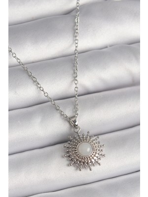 Shopwave 316L Çelik Gümüş Renk Zincir Beyaz Mineli Güneş Model Kadın Kolye - TJ-BKO9719