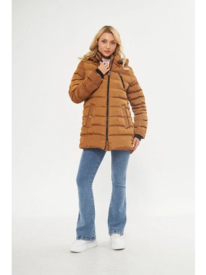 Dynamo Kadın Camel Kapüşonu Çıkartılabilen Rahat Kalıp Kalın Kısa Kaban 5010