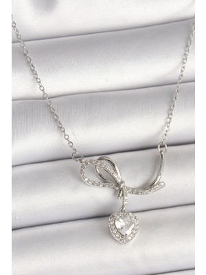 Shopwave 316L Çelik Gümüş Renk Zincir Zirkon Taşlı Düğüm Sallantı Kalp Figür Kadın Kolye - TJ-BKO9856