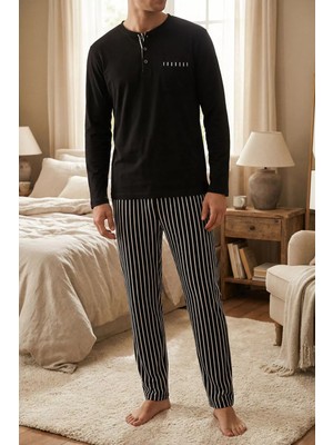 Boyraz Erkek Ön Yarım Düğmeli Çizgi Desenli Pijama Takımı P-00019945