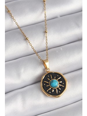 Shopwave 316L Çelik Gold Renk Mavi Boncuk Güneş Işleme Madalyon Model Kadın Kolye - TJ-BKO9524