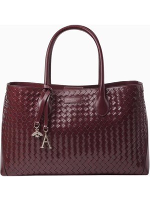 Aspinal Of London London Tote Bag Bordo Woven Deri Çanta, Iki Bölmeli, Logo Charm Detaylı, Şık ve Işlevsel Tasarım