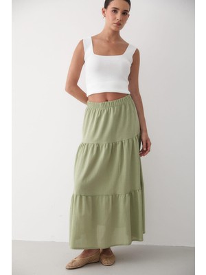 Jaste Kadın Kat Kat Büzgülü Beli Lastikli Keten Etek ÇAĞLA