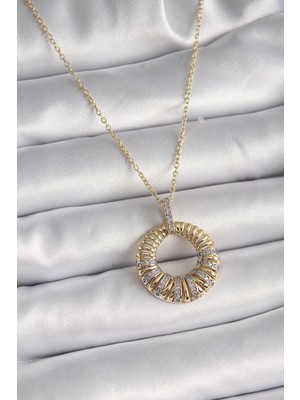 Shopwave 316L Çelik Gold Renk Zincir Gümüş Zirkon Taşlı Daire Model Kadın Kolye - TJ-BKO9481