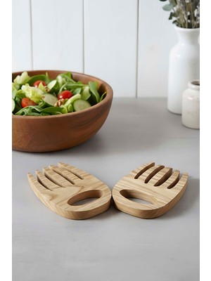 Ahşap 2\'li Salata Karıştırma, Servis Çatalı Kestane Ağacı