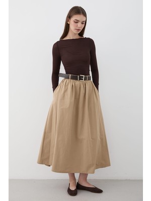 Jaste Kadın Kemerli Büzgü Detaylı Maxi Etek BEJ
