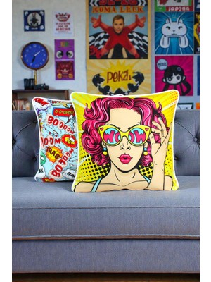 Visionario Kırlent Kılıfı 2'li Pop Art ve Figür Desenli 45X45 Raşel Örme Kadife Çift Taraflı Dijital Baskı Beyaz Biyeli