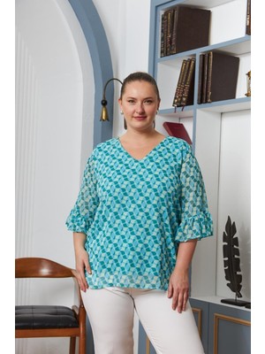 Rmg Büyük Beden Kol Detaylı Astarlı Şifon Bluz Mavi