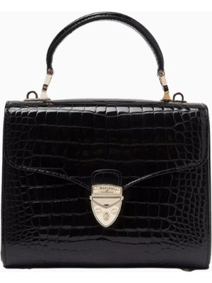 Aspinal Of London Midi Mayfair Siyah Croc Deri Top Handle Çanta, Şık ve Klasik Tasarım