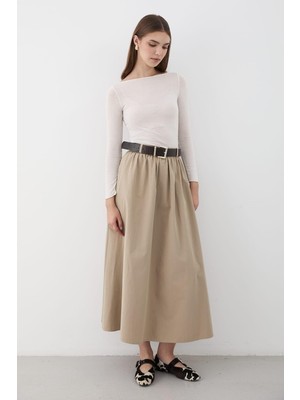 Jaste Kadın Kemerli Büzgü Detaylı Maxi Etek HAKİ