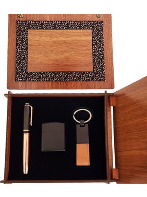 Ayder Timya Ahşap Kutulu Bakır Roller Kalem Taba Renk Anahtarlık ve Çakmak Set TG/Tmya1395 207204