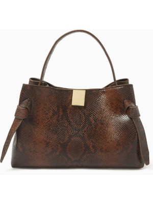 Yuzefi Gyoza Mini Çanta, Yılan Desenli Inek Derisi, Kahverengi, Ayarlanabilir Askılı