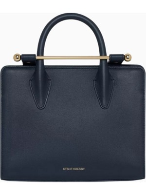 Strathberry Mini Tote Marine Blue Lacivert Smooth Calf, Deri Top Handle Lüks El ve Omuz Çantası