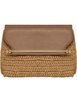 Strathberry Stylist Crossbody Raffia ve Kil Rengi Dana Deri Lüks Çanta, Günlük ve Gece Kullanımı
