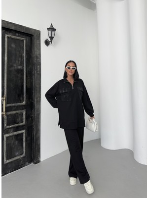 Siyah Kadın Oversize Yarım Fermuar Kapamalı Cep Üzeri Taşlı Bol Paça Pamuklu Örme Alt Üst Takım