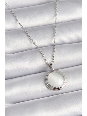 Shopwave 316L Çelik Gümüş Renk Beyaz Sedefli Daire Model Kadın Kolye - TJ-BKO9426