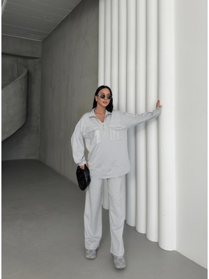 Boyalı Gri Kadın Oversize Yarım Fermuar Kapamalı Cep Üzeri Taşlı Bol Paça Pamuklu Örme Alt Üst Takım