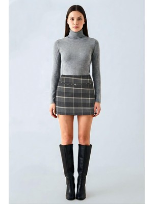 La Pante Şort Etek Kadın Şortlu Etek Mini Ekoseli Metal Tokalı Kemerli Kuşaklı Fermuarlı Antrasit Ekose Kumaş