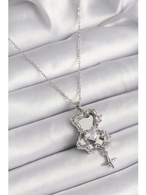 Shopwave 316L Çelik Gümüş Renk Ayna Ayıcık Model Zirkon Taşlı Kalp Detay Kadın Kolye - TJ-BKO9627