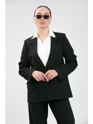 La Pante Alt Üst Takım Kadın Blazer Ceket Pantolon Takım Önden Kapak Cepli Rahat Ceket Pantolon Takımı Siyah