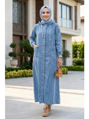 Kadın Kapüşonlu Düğmeli Cepli Açık Kot Mavi Kap