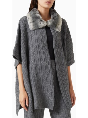 Izaak Azanei Collar-Detail Poncho, Gri Şık ve Lüks Kadın Triko Panço