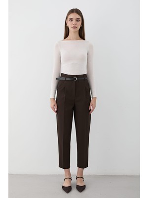 Jaste Kadın Yüksek Bel Pileli Kumaş Pantolon KAHVERENGİ