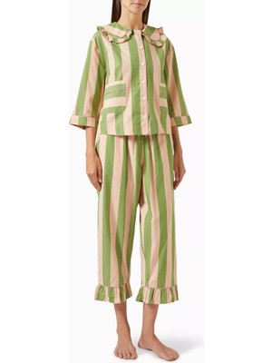 3 Parça Pamuklu Yeşil Çizgili Pijama Seti Fırfır Detaylı Lüks Tasarım