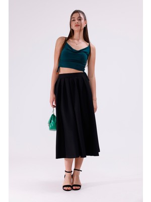 La Pante Kadın Etek Midi Etek Tesettür Etek Kadın Etek Kloş Önden Pileli Etek Arka Kemer Lastikli Siyah