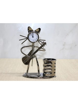 Metal Gitar Çalan Kedi Müzisyen Saat ve Kalemlik ALK4345 KAYALI27-KYL5U4U