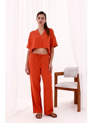 La Pante Alt Üst Takım Kadın Bluz Pantolon Takım Kadın Beli Bağlamalı Düşük Omuzlu Müslin Kadın Bluz Turuncu