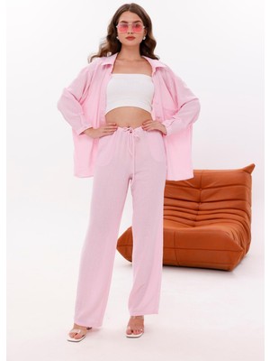 La Pante Alt Üst Takım Kadın Gömlek Pantolon Takım Kadın Beli Lastikli Cepli Düşük Omuzlu Müslin Gömlek Pembe