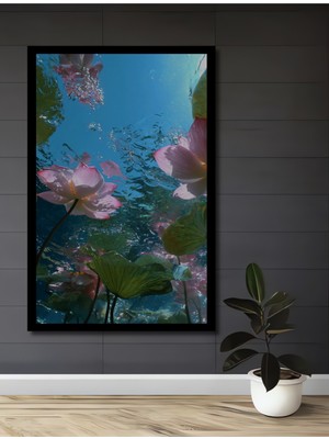 Su Altı Pembe Nilüfer Sulu Boya Görünümlü Ahşap Ev,antre,salon,ofis,mutfak Tablo Çerçeve Görünümlü