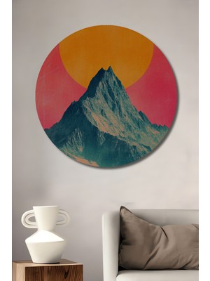 Görkemli Dağ Gün Batımı Yağlı Boya Görünümlü Ahşap Dekoratif Tablo Yuvarlak Duvar Tablosu